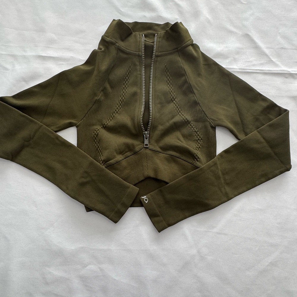 Athleisure Olive Cropped Half Zip Performance Gym Top XS